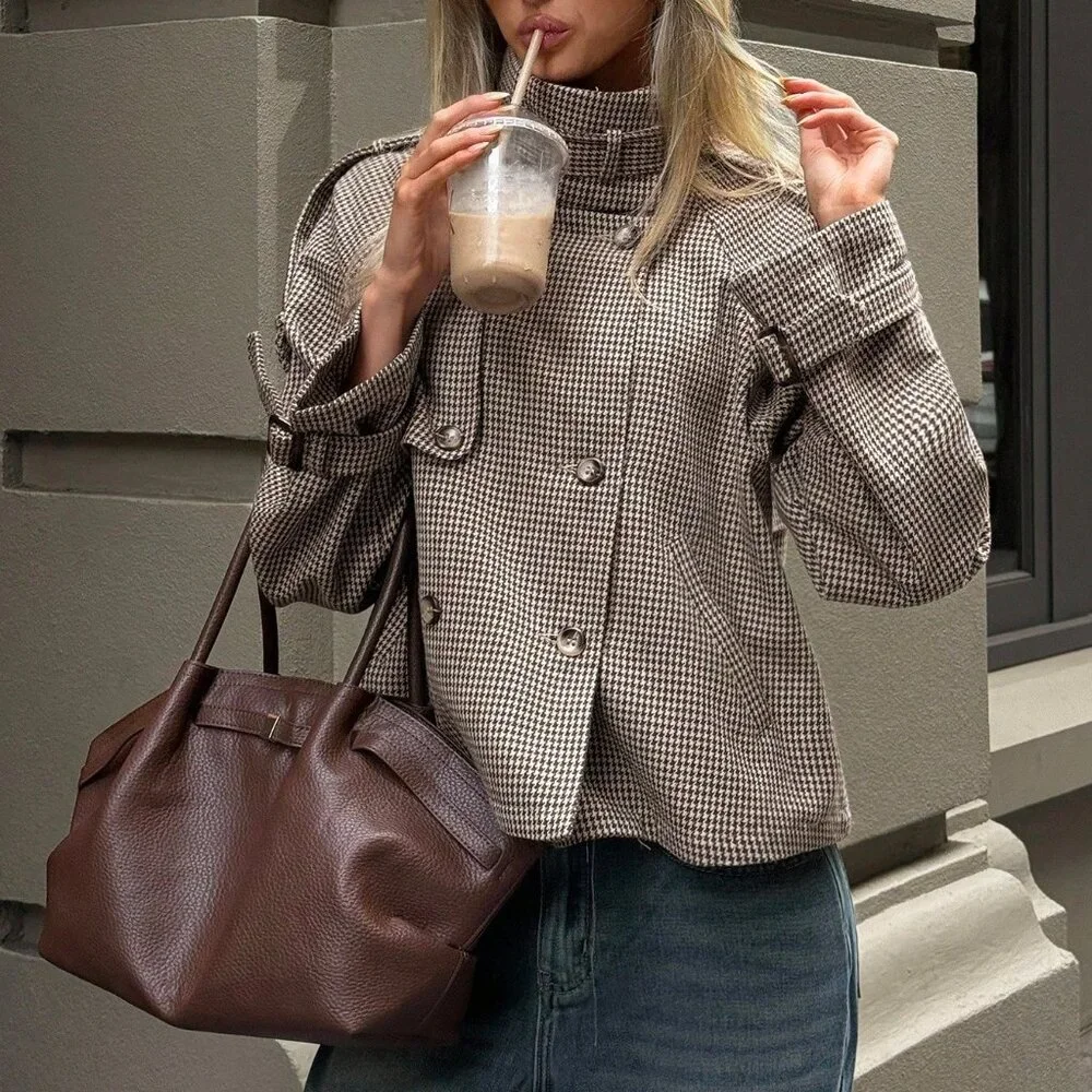 Khaki Chic Women's Loose Houndstooth Jacket